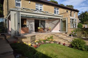 Completed orangery from the front with bi-folding doors spanning the whole width